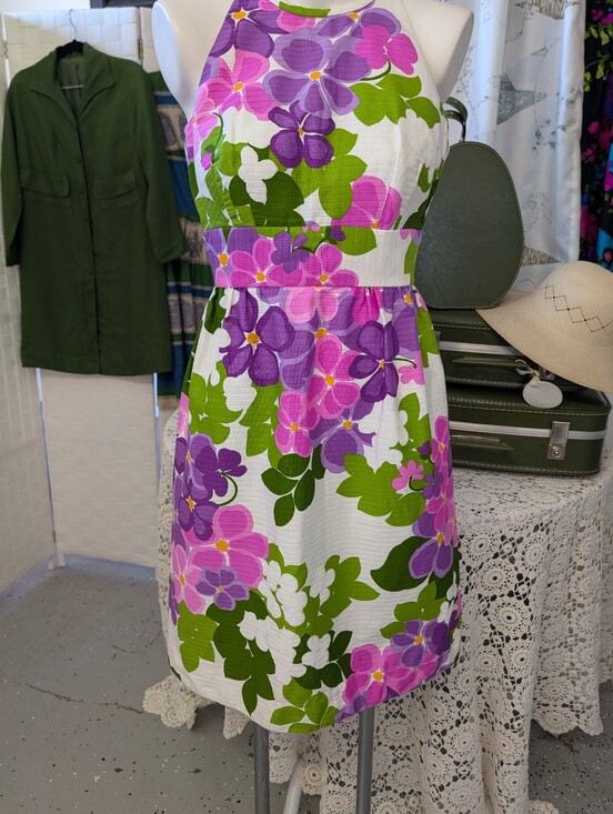 Vintage Dresses & Skirts - Vintage Dress Malia Of Honolulu Bright Floral Halter Sundress  Pink, Purple 1970